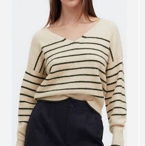 Madewell V-Neck Sweater - Cream and Black Stripes